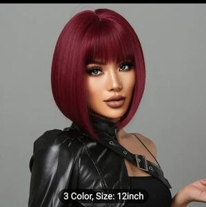 NEW SHORT BOB BANG STRAIGHT HAIR BURGUNDY WINE RED  WIG 12" LONG